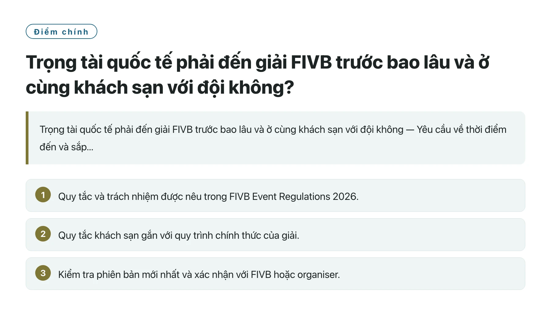 Trọng tài quốc tế phải đến giải FIVB trước bao lâu và ở cùng khách sạn với đội không?——全文要点速览